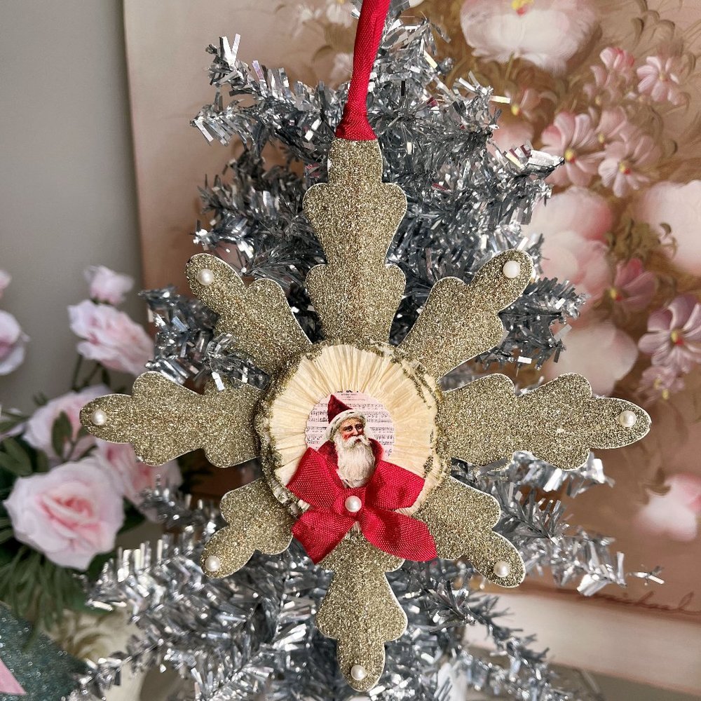 Gold Vintage German Glass Glittered Snowflake Christmas Ornament Antique Santa